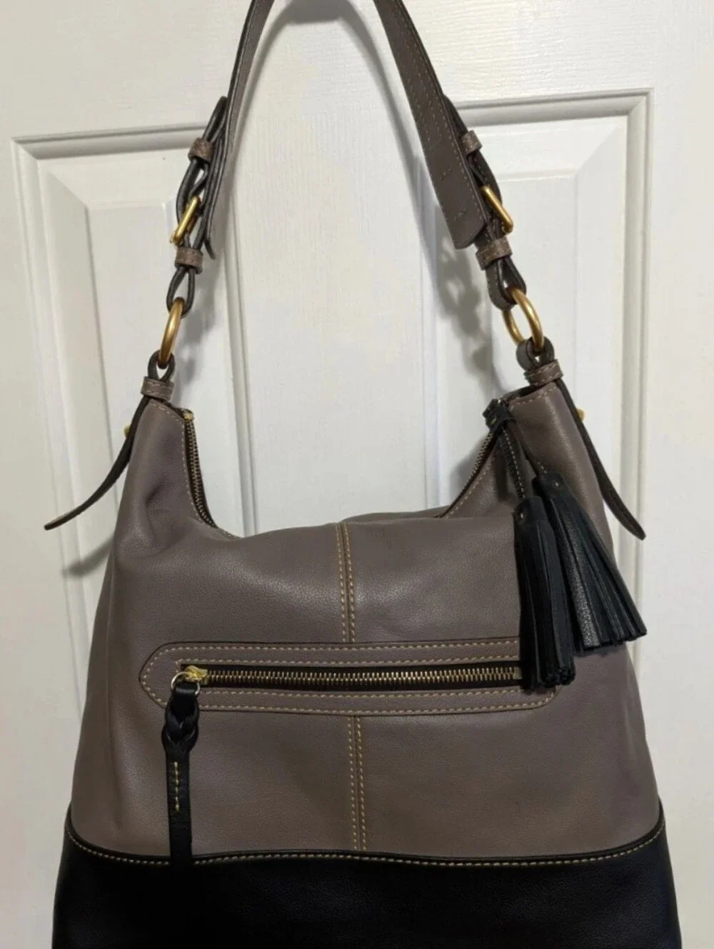 Dooney & Bourke Gray/Black Sophie Pebbled Leather Tasseled Hobo Bag w bag Charm